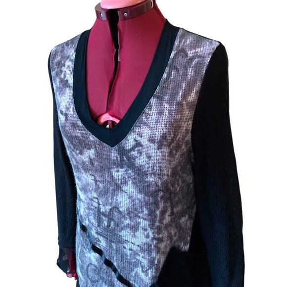 NESS -  XL Asymmetrical Tunic Top Black Gray Abstract Print Long Sleeve - Picture 5 of 11